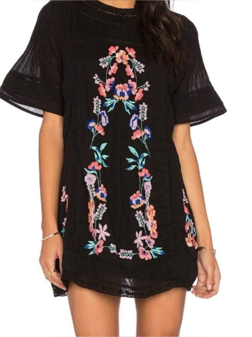 Free People Perfectly Victorian Floral Embroidered Ruffle Sleeve Mini Dress